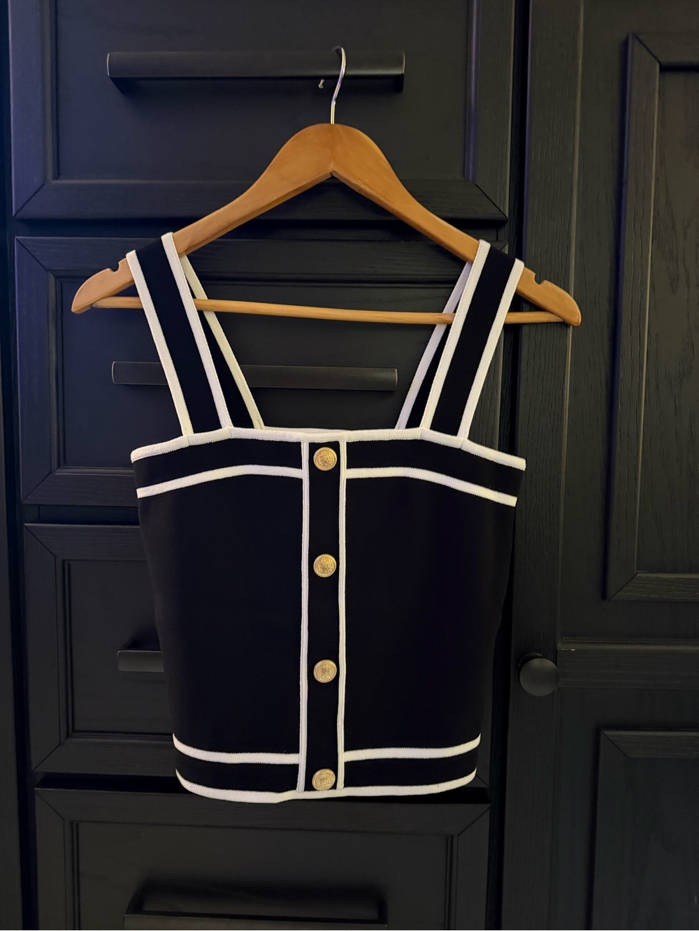 Bailey44 Black and White Structured Tank Top with gold buttons